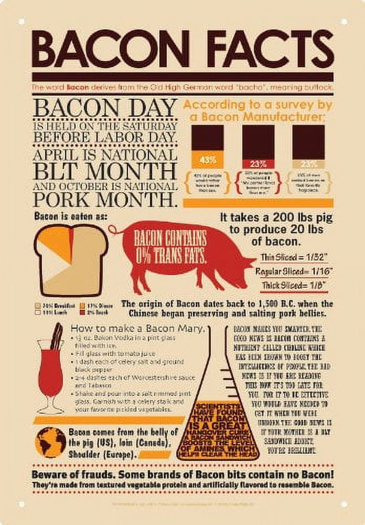 Tin Sign - Bacon Facts Metal Plate New Licensed Gift Toys 30010