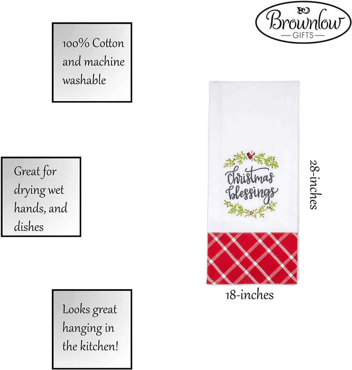 Brownlow Gifts 100% Cotton Embroidered Tea Towel, 18 x 28-Inches, Christmas Blessings