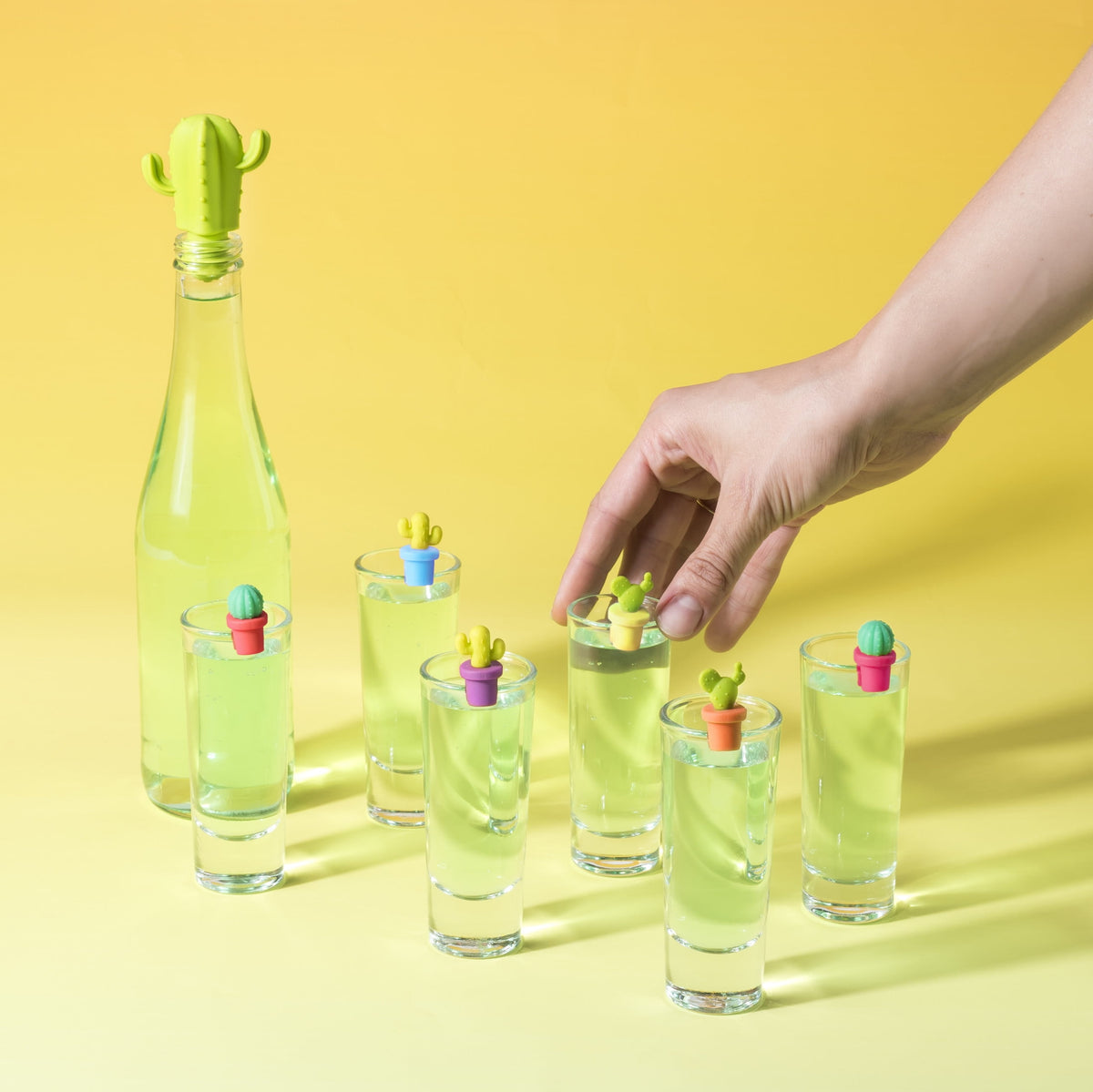 True Zoo Cactus Wine Glass Charms & Bottle Stopper Set, Silicone, Multi Color