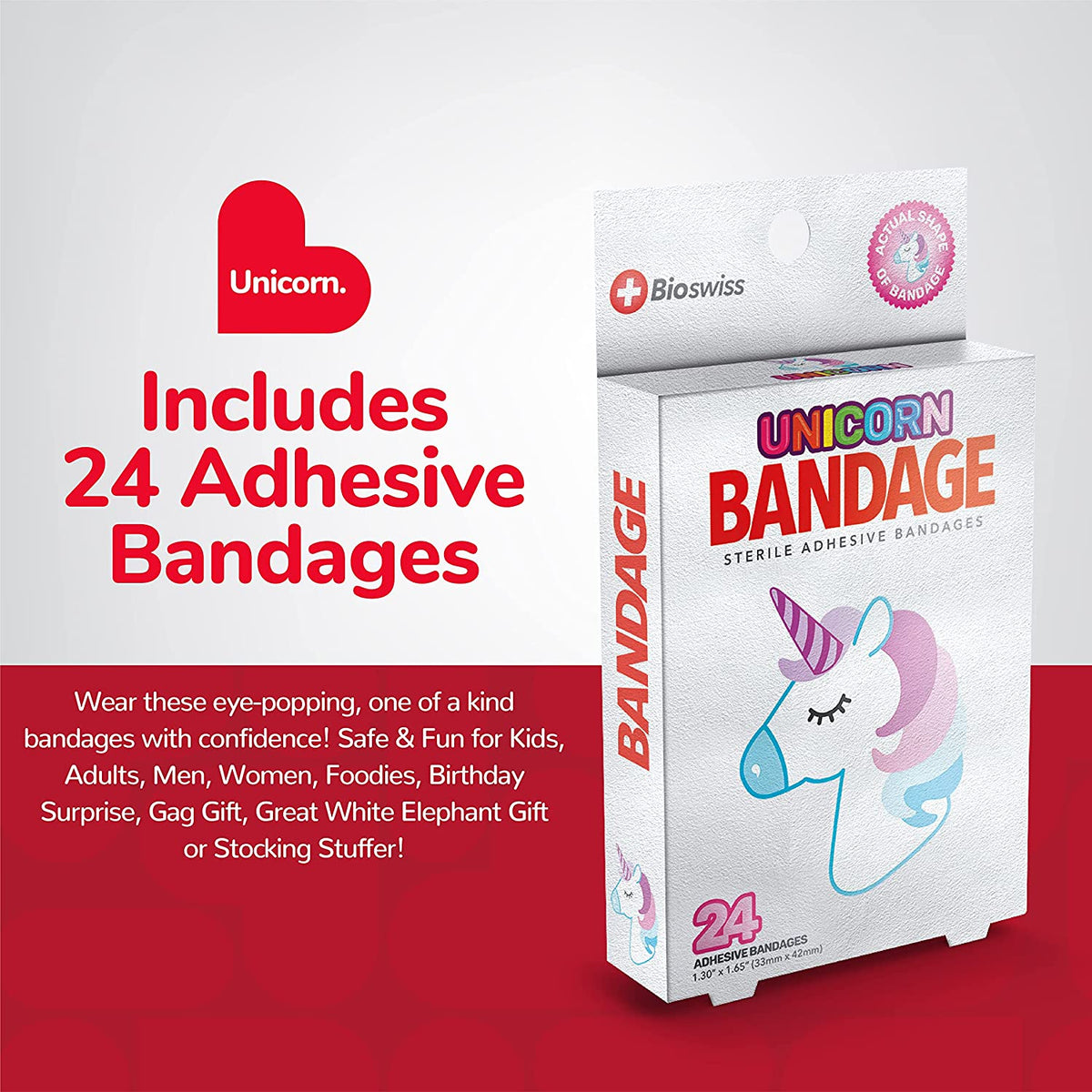 BioSwiss Bandages, Unicorn Shaped Self Adhesive Bandage, Latex Free Sterile Wound Care, Fun First Aid Kit Supplies for Kids, 24 Count