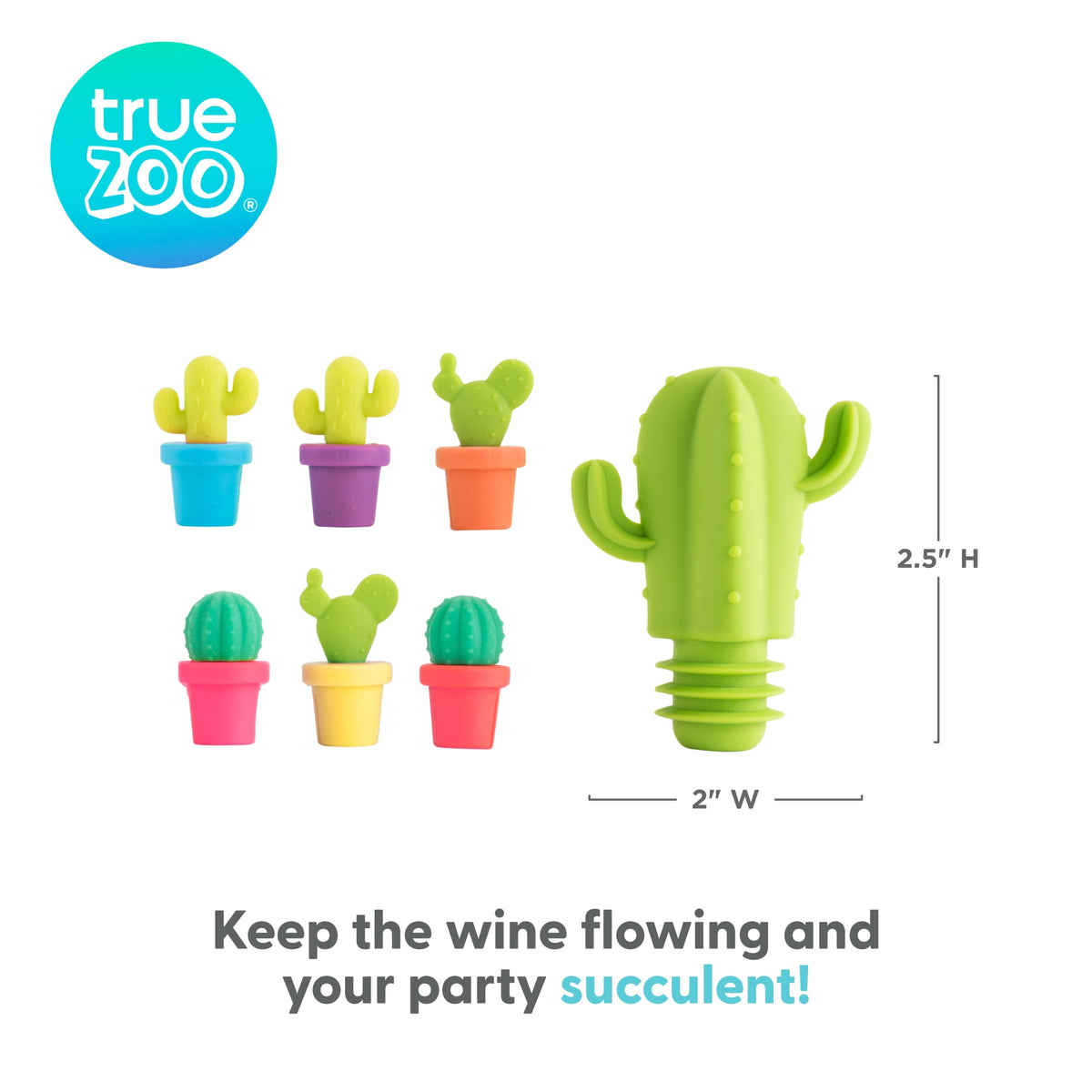 True Zoo Cactus Wine Glass Charms & Bottle Stopper Set, Silicone, Multi Color