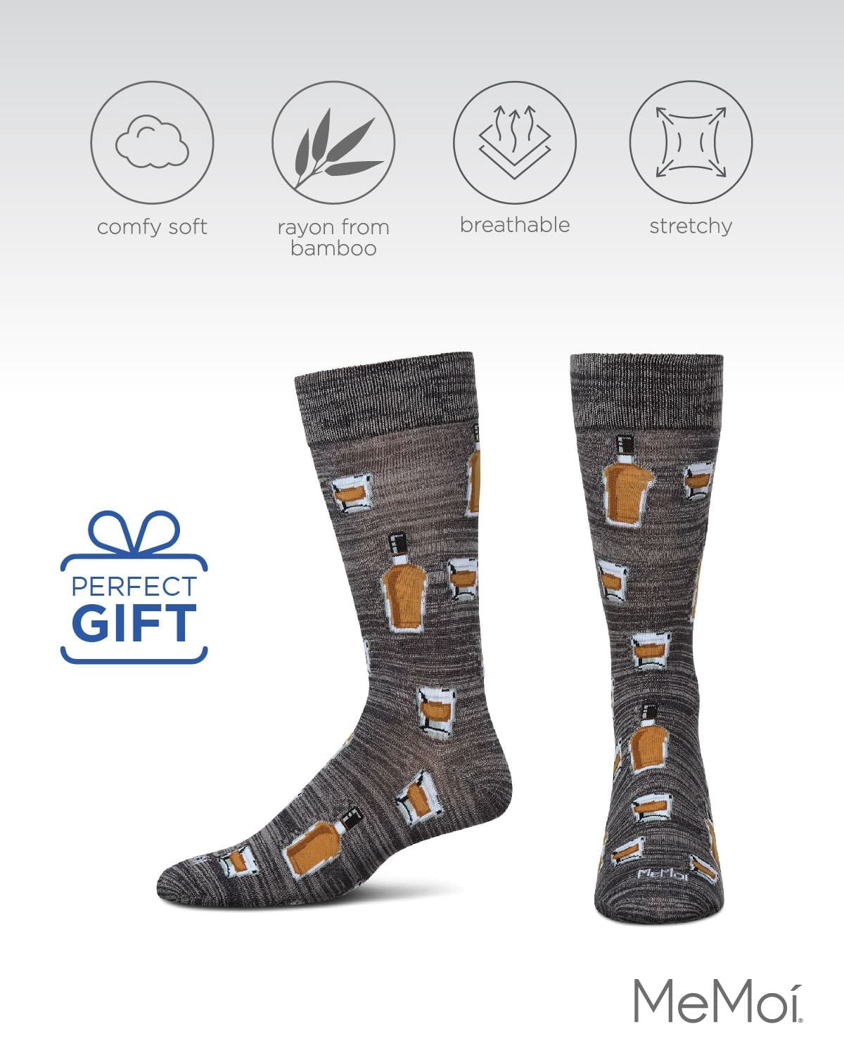 MeMoi Whiskey Bar Conversational Bamboo Blend Men's Socks - Mens - Male, 10-13, Asphalt