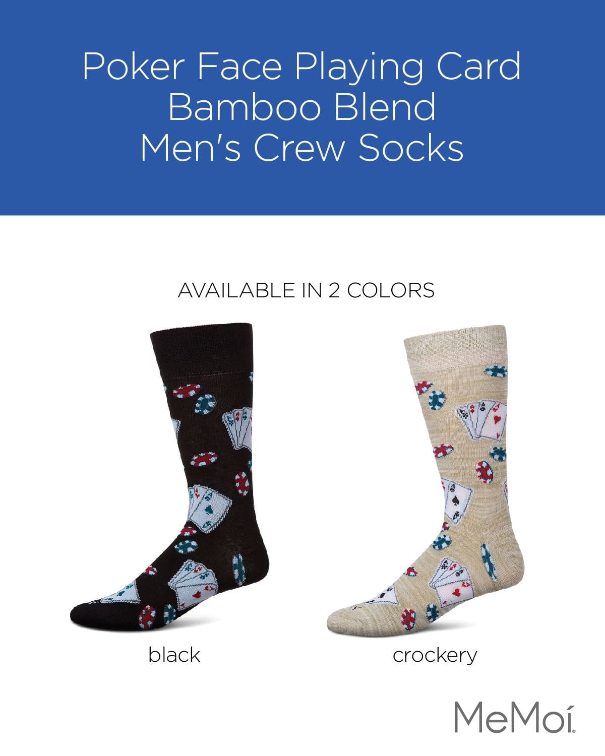 MeMoi Poker Face Playing Card Bamboo Blend Men's Crew Socks - Mens - Male, 10-13, Crockery