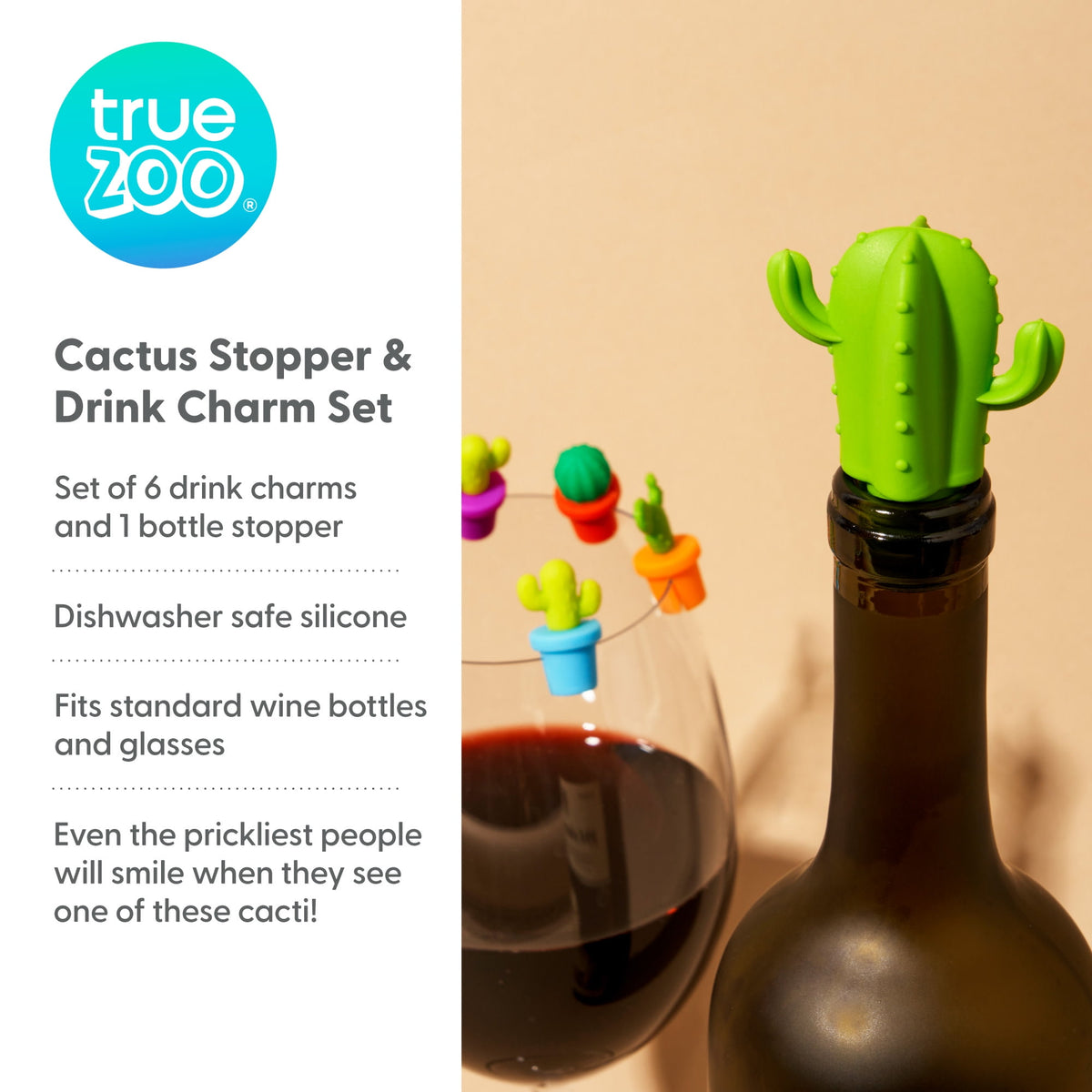 True Zoo Cactus Wine Glass Charms & Bottle Stopper Set, Silicone, Multi Color