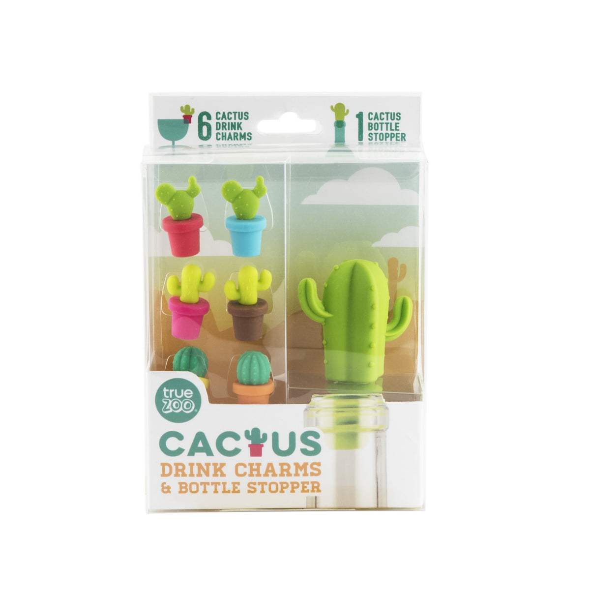 True Zoo Cactus Wine Glass Charms & Bottle Stopper Set, Silicone, Multi Color