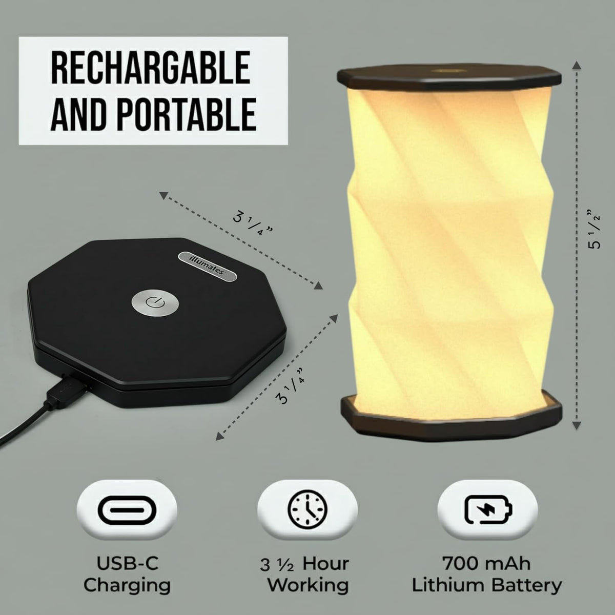 Black Mini Collapsable and rechargable lamp with dimmable light for desk night stand or travel