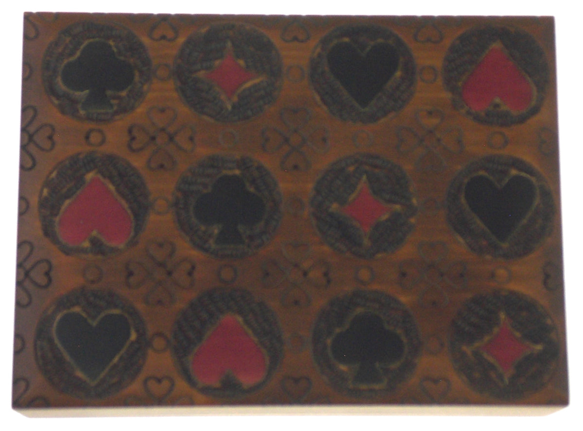 Handmade Four Suits Wood Playing Card Storage Box - Holds 2 Decks