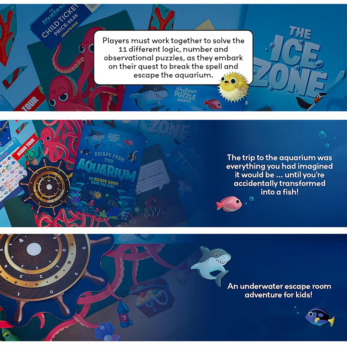 Professor Puzzle: Escape From The Aquarium - Escape Room Game, 11 Logic-Number-Observational Puzzles, Co-Op Underwater Adventure, Kids 8+, 1-6 Players