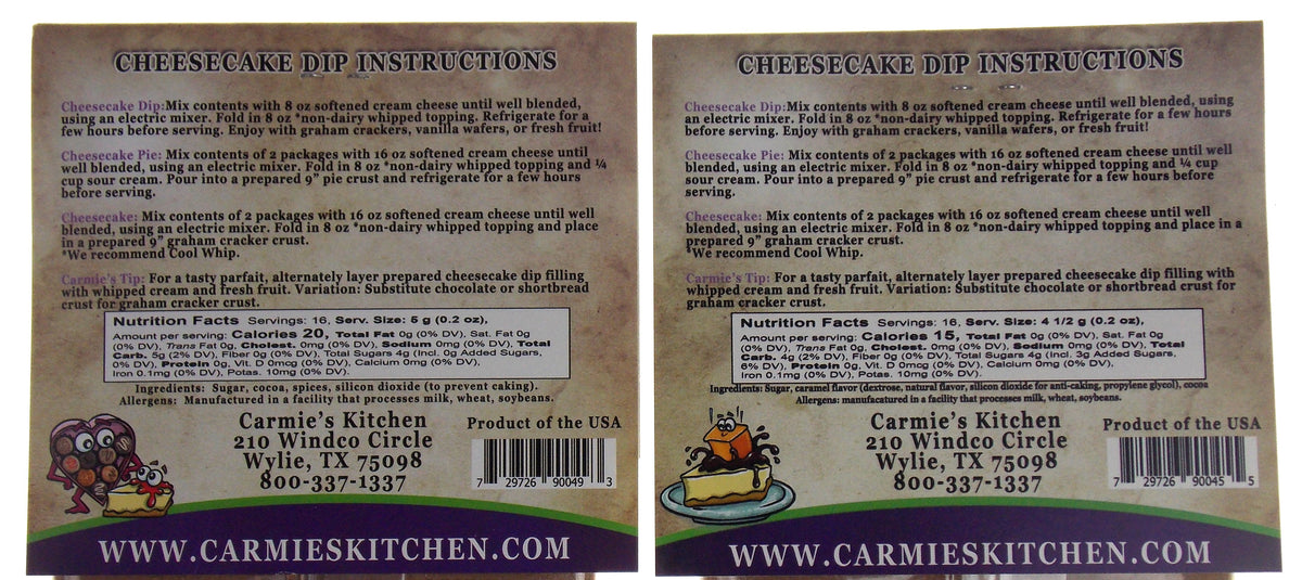 Carmie's Kitchen Caramel Chocolate Fudge & Chocolate Lovers Cheesecake Dip Mix Lot of 2