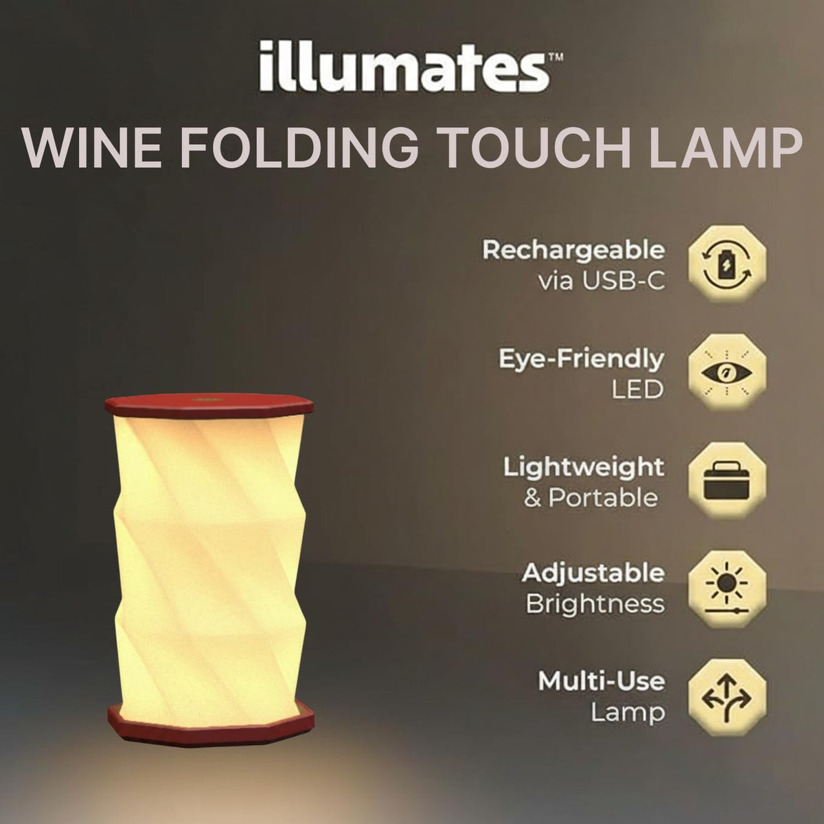 Wine/Maroon Mini Collapsable and rechargable lamp with dimmable light for desk night stand or travel