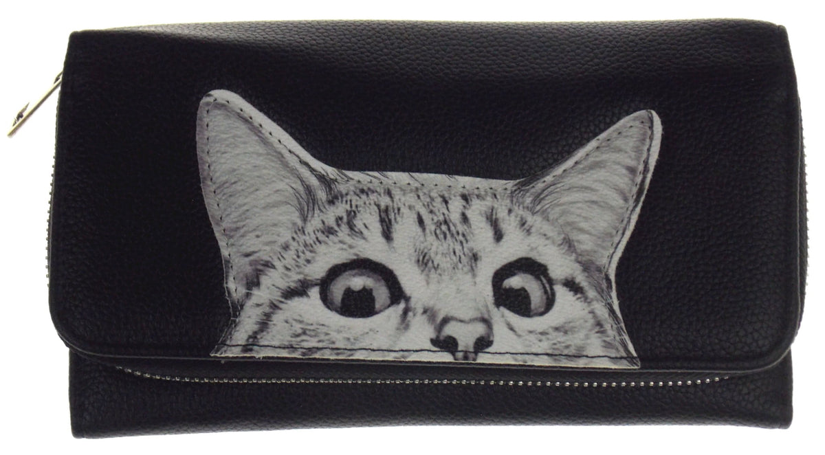 Comeco  Peeking Cat Wallet Black White Zip Up Strap Gift Purse Book Shaped