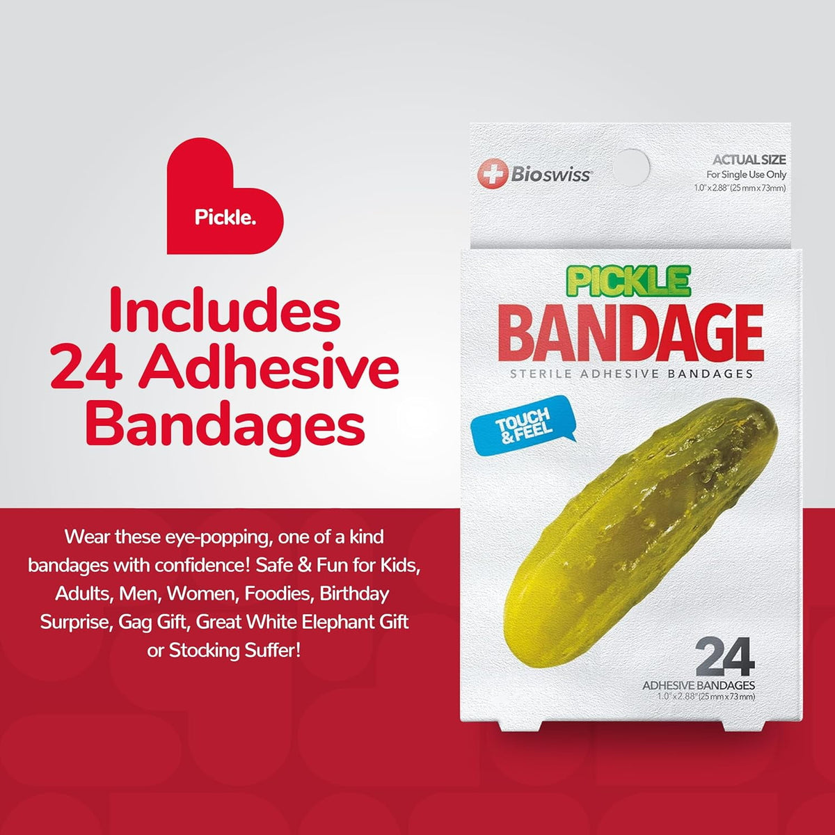 BioSwiss Kids Bandages, Pickle Shaped Self Adhesive Bandage Set, Latex Free, Sterile Wound Care, 24 Count