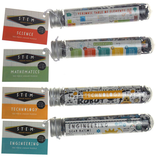 STEM Jigsaw Puzzle Set of 4 - Science, Technology, Engineering & Math Mini 150 pc puzzles in Test Tube Shaped Containers