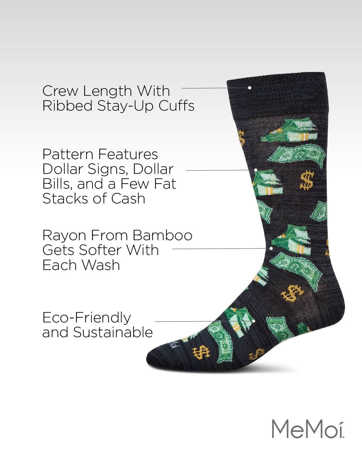 MeMoi Money Bags Cash Print Bamboo Blend Men's Crew Socks - Mens - Male, 10-13, Navy Blazer