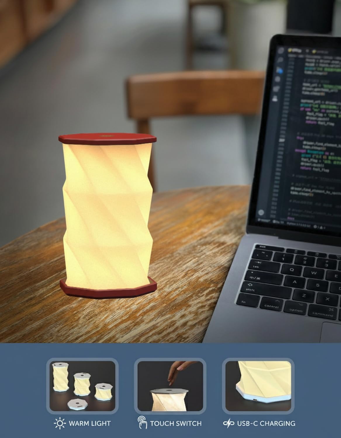 Wine/Maroon Mini Collapsable and rechargable lamp with dimmable light for desk night stand or travel