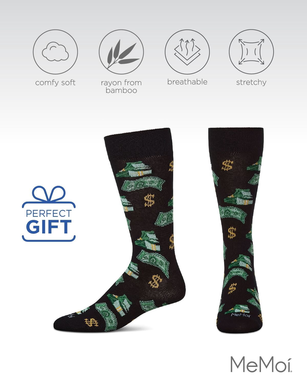 MeMoi Money Bags Cash Print Bamboo Blend Men's Crew Socks - Mens - Male, 10-13, Black