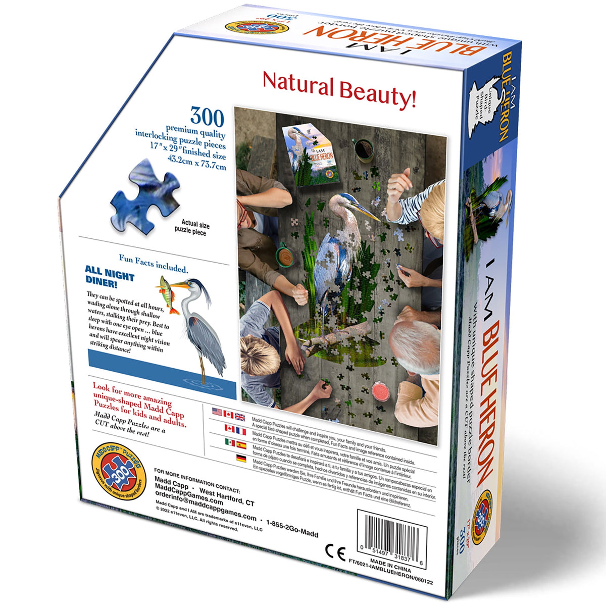 Madd Capp BLUE HERON 300 Piece Jigsaw Puzzle For Ages 10 and up - 6021 - Unique-Shaped Border, Challenging Random Cut, Deluxe Five-Sided Tamperproof Box, Includes Educational Madd Capp Fun Facts