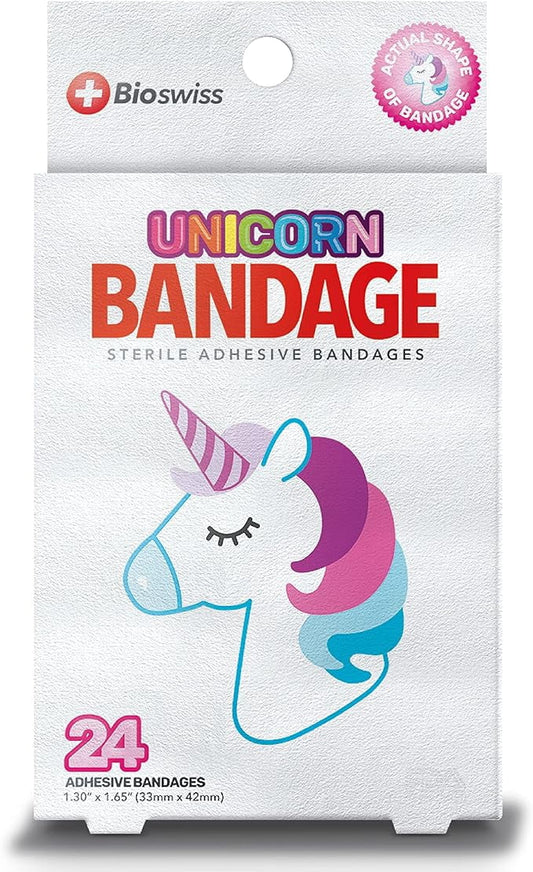 BioSwiss Bandages, Unicorn Shaped Self Adhesive Bandage, Latex Free Sterile Wound Care, Fun First Aid Kit Supplies for Kids, 24 Count