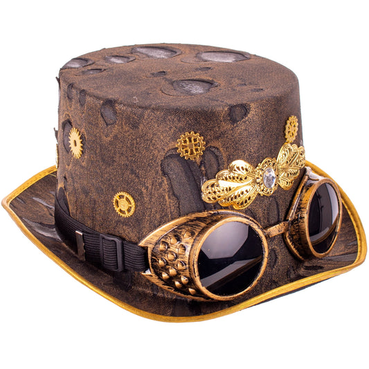Funny Fashion Steampunk High Top with Goggles Halloween Costume Hat, Black Gold, One-Size