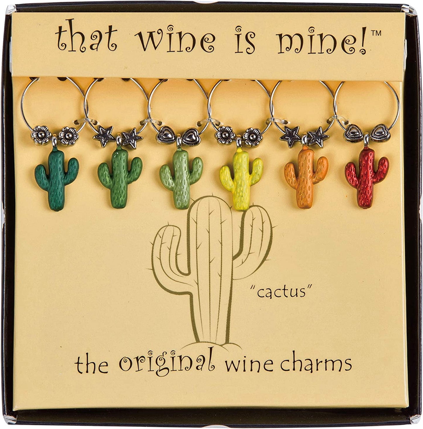 Wine Things Cactus, Painted Wine Charms, Fits neatly around stem, Multicolor