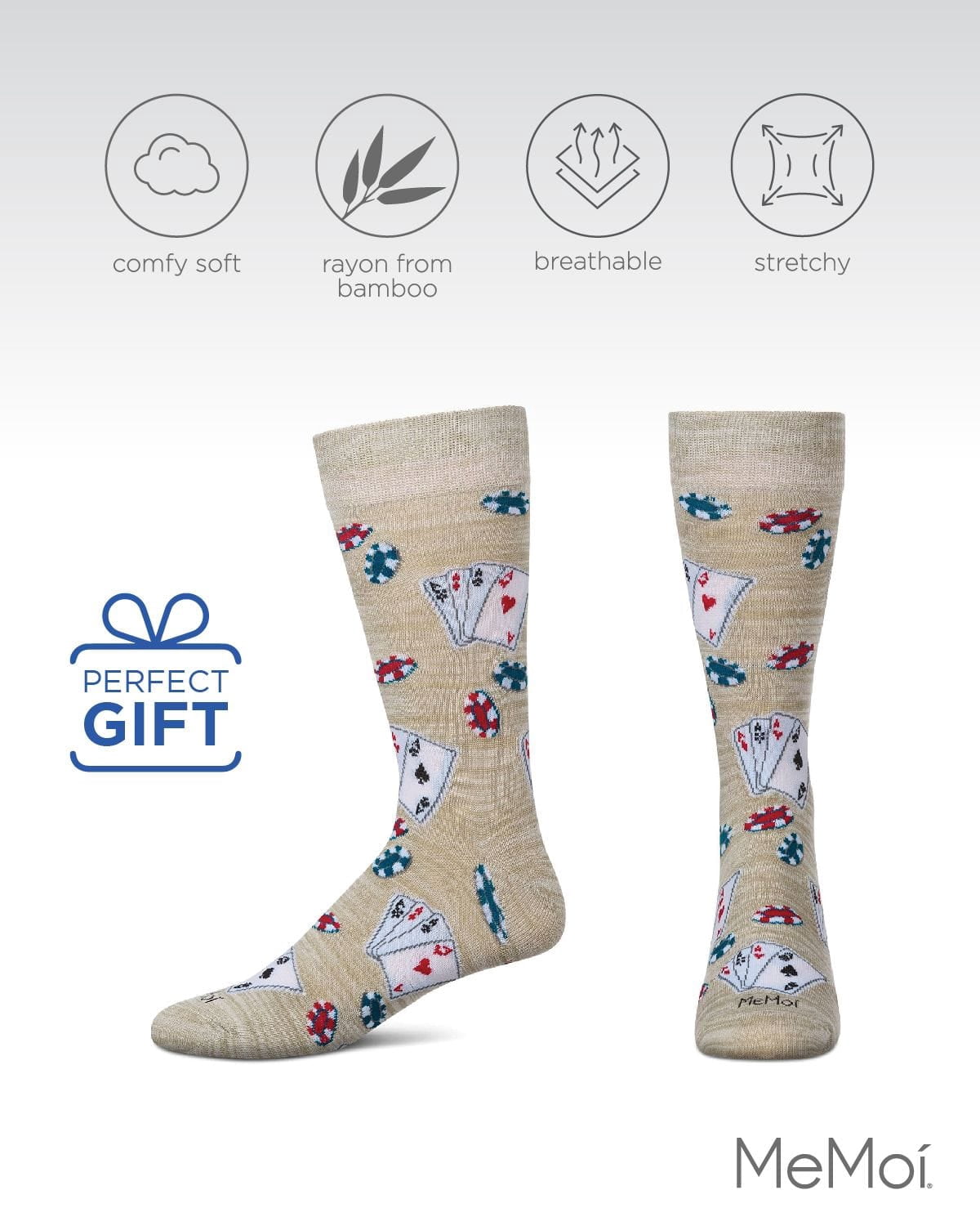 MeMoi Poker Face Playing Card Bamboo Blend Men's Crew Socks - Mens - Male, 10-13, Crockery