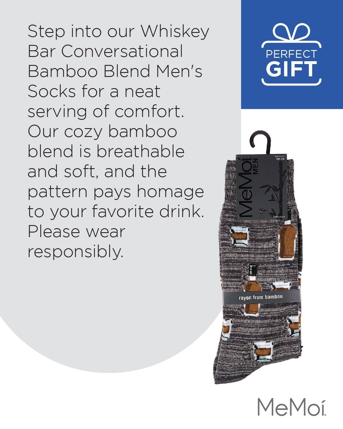MeMoi Whiskey Bar Conversational Bamboo Blend Men's Socks - Mens - Male, 10-13, Asphalt