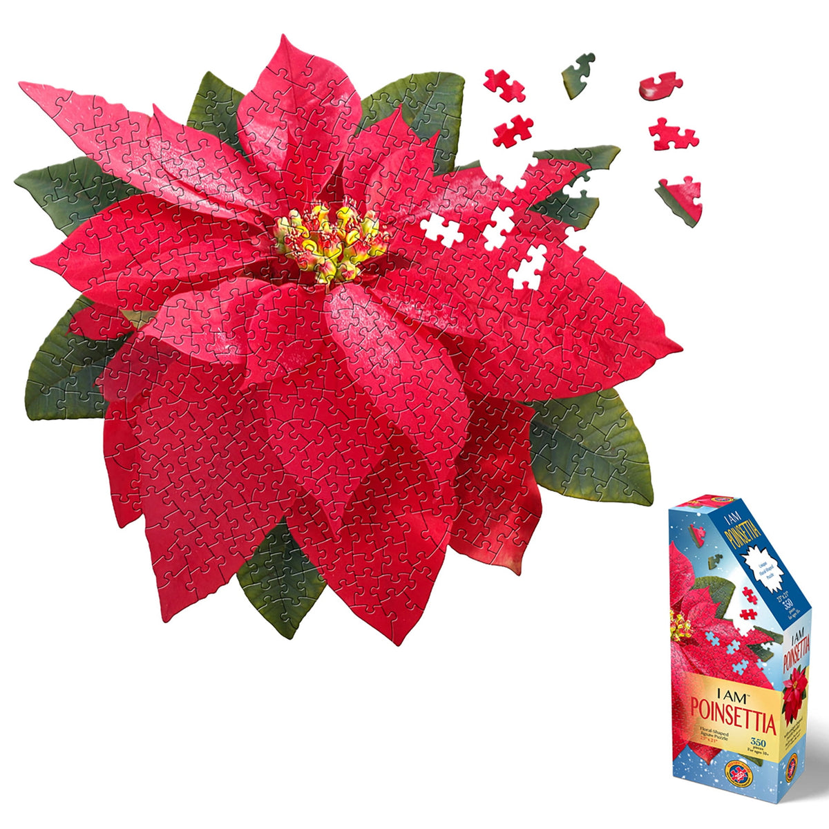 Madd Capp POINSETTIA 350 Piece Jigsaw Puzzle For Ages 10 and up - 8008 - Unique Floral-Shaped Border, Random Cut, Deluxe Five-Sided Box, Includes Educational Madd Capp Fun Facts & Gardening Tips