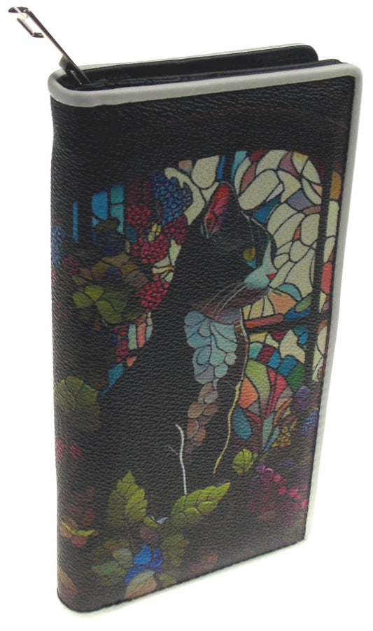 Comeco Cat Stained Glass Black Wallet Color Zip Up Purse Book Shaped