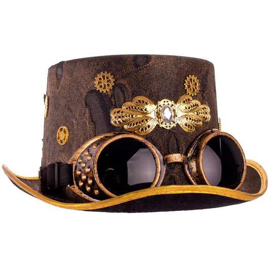 Funny Fashion Steampunk High Top with Goggles Halloween Costume Hat, Black Gold, One-Size