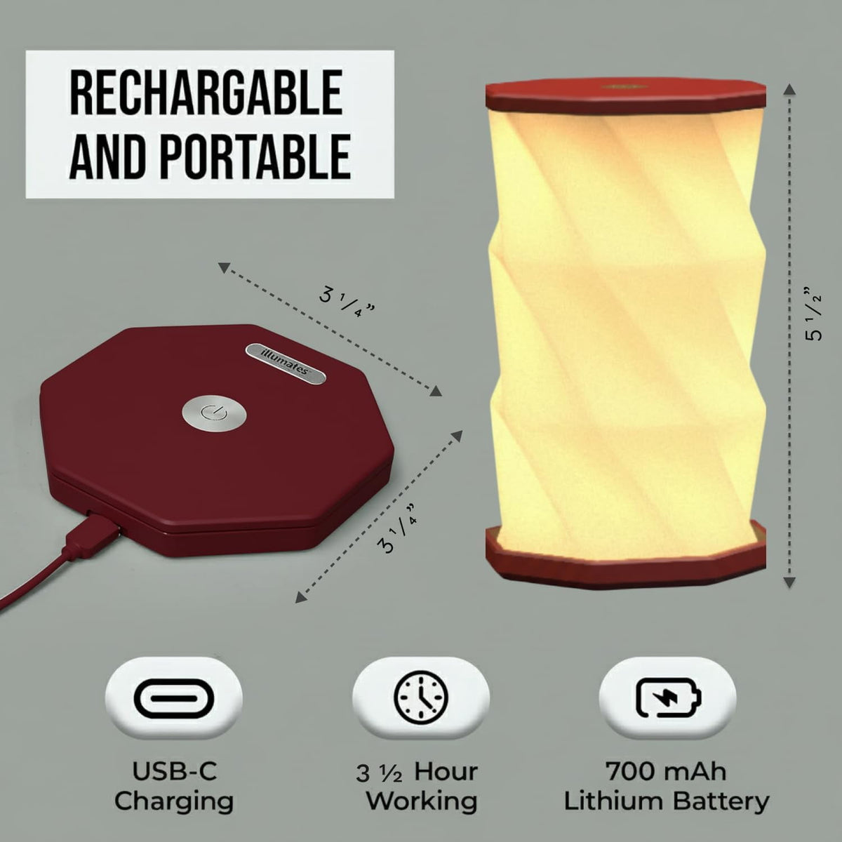 Wine/Maroon Mini Collapsable and rechargable lamp with dimmable light for desk night stand or travel