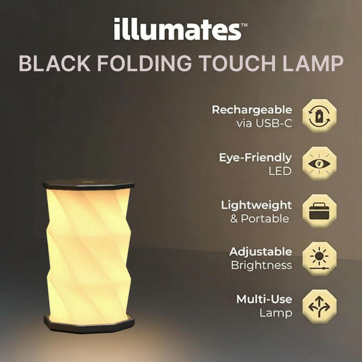 Black Mini Collapsable and rechargable lamp with dimmable light for desk night stand or travel