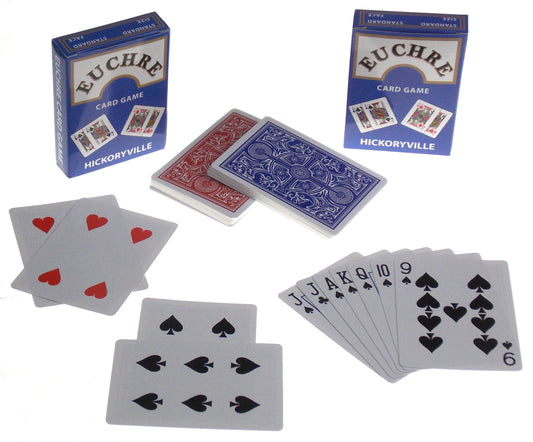 Euchre Card Game - 4 Specialty Decks Pre-Stripped to 24 Cards (9 Thru Ace) for Classic American Euchre - Custom Blank Counter Cards Included. 2 Blue and 2 Red Decks.