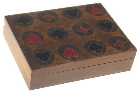 Handmade Four Suits Wood Playing Card Storage Box - Holds 2 Decks