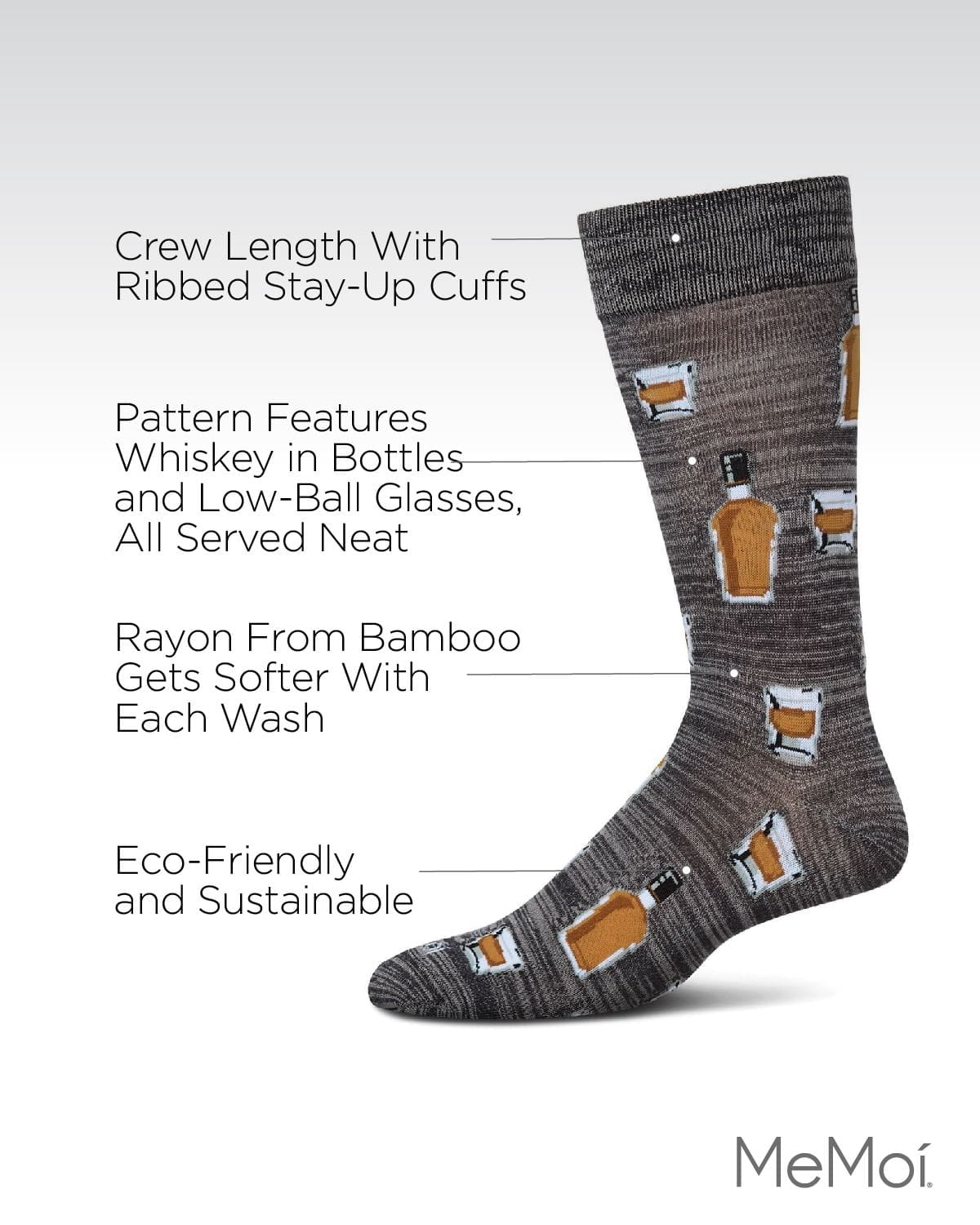 MeMoi Whiskey Bar Conversational Bamboo Blend Men's Socks - Mens - Male, 10-13, Asphalt