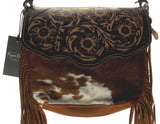 Myra Bag Brown Blossom Hand Tooled Leather Hairon Handbag Eco Friendly Up Cycled