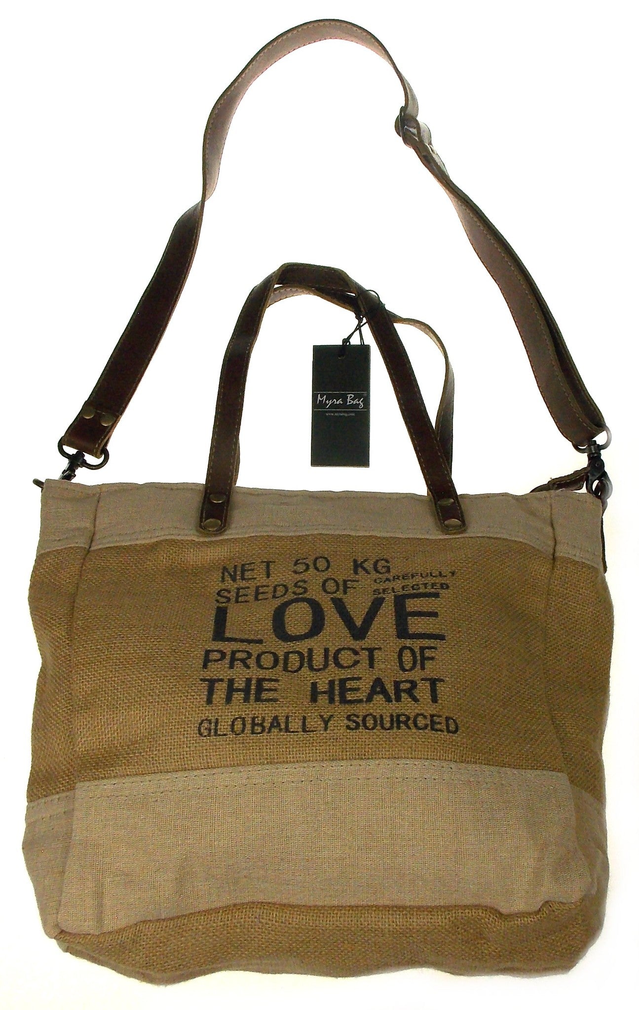 Myra Bag Sustainable Organic Jute Bag Handbag Tan Eco Friendly Up Cycle Zipper