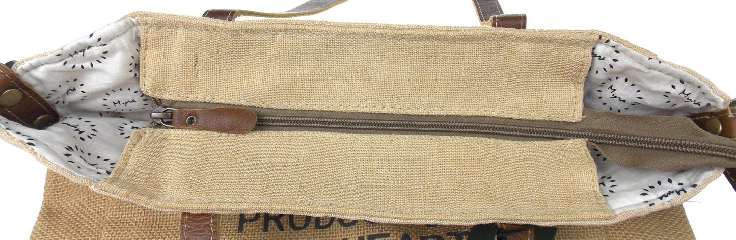 Myra Bag Sustainable Organic Jute Bag Handbag Tan Eco Friendly Up Cycle Zipper
