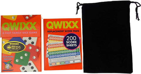 Qwixx Game & Replacement Score Pads Bundle With Hickoryville Velour Drawstring Bag