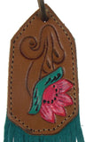 Myra Bag Turquoise Leather Key Chain Fob Lotus Stamped Image Handcrafted Gift