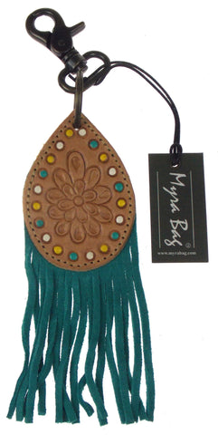 Myra Bag Turquoise Leather Key Chain Fob Dots Stamped Flower Handcrafted Gift