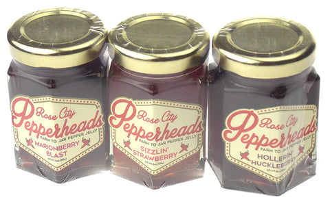 Pepper Jelly Mini Berry Trio Pack - Marionberry Blast Jelly, Sizzlin' Strawberry Jelly & Hollerin' Huckleberry Jelly