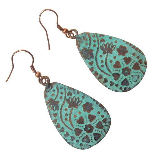 Anju Copper Patina Earrings Turquoise Handcrafted Teardrop Dangle Christmas Gift