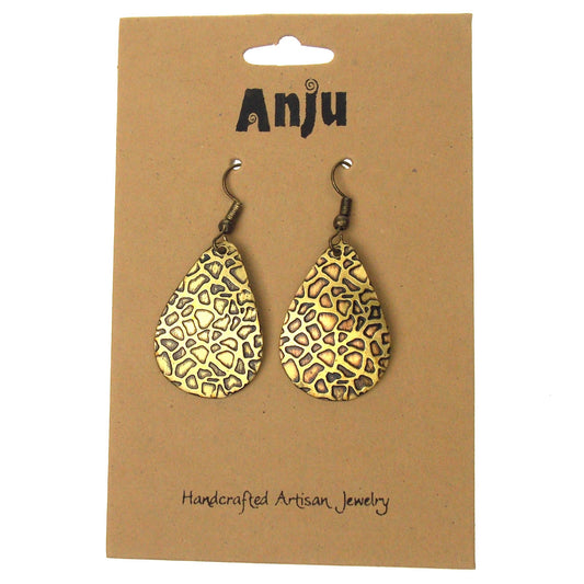Anju Brass Teardrop Shaped Earrings Giraffe Animal Print Handcrafted Brass Hang