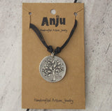 Anju Tree of Life Pewter Necklace Artisan Handcrafted Medallion Charm Black Cord