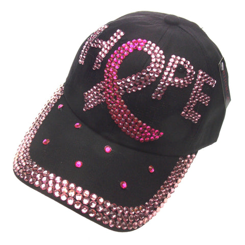 Pink Hope Hat Breast Cancer Ribbon Bling Bedazzled Black Baseball Cap Adjustable