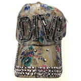 Silver Diva Bling Hat Bedazzled Blue Flowers Baseball Cap Gem Adjustable Fashion