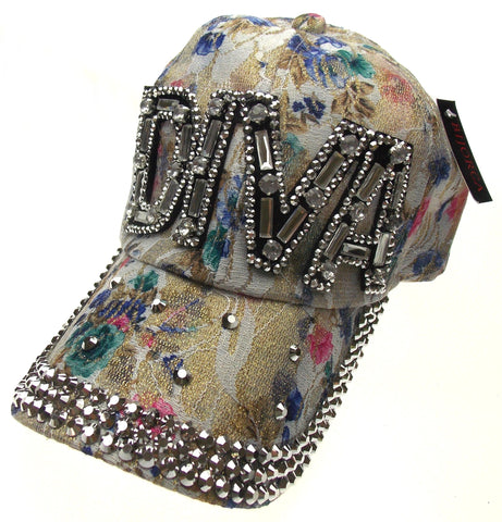 Silver Diva Bling Hat Bedazzled Blue Flowers Baseball Cap Gem Adjustable Fashion