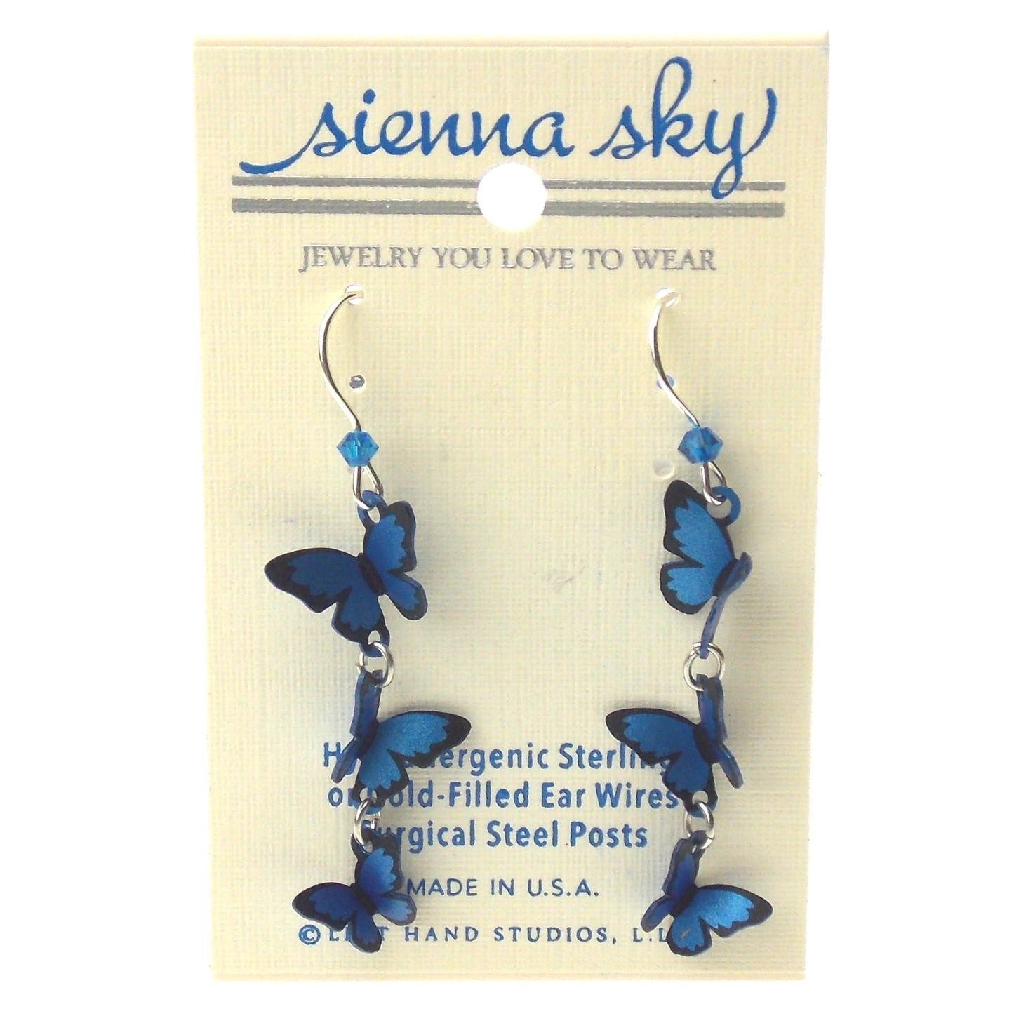 Sienna Sky Blue Butterfly Earrings 3D Hypoallergenic Sterling Silver USA Dangle