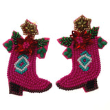 Viola Seed Beads Pink Boots Holiday Earrings Handcrafted Bling Boho Dangle Xmas