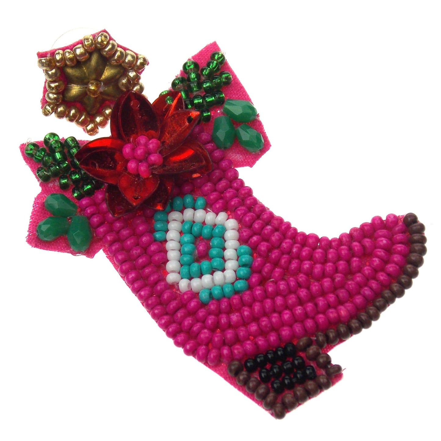 Viola Seed Beads Pink Boots Holiday Earrings Handcrafted Bling Boho Dangle Xmas